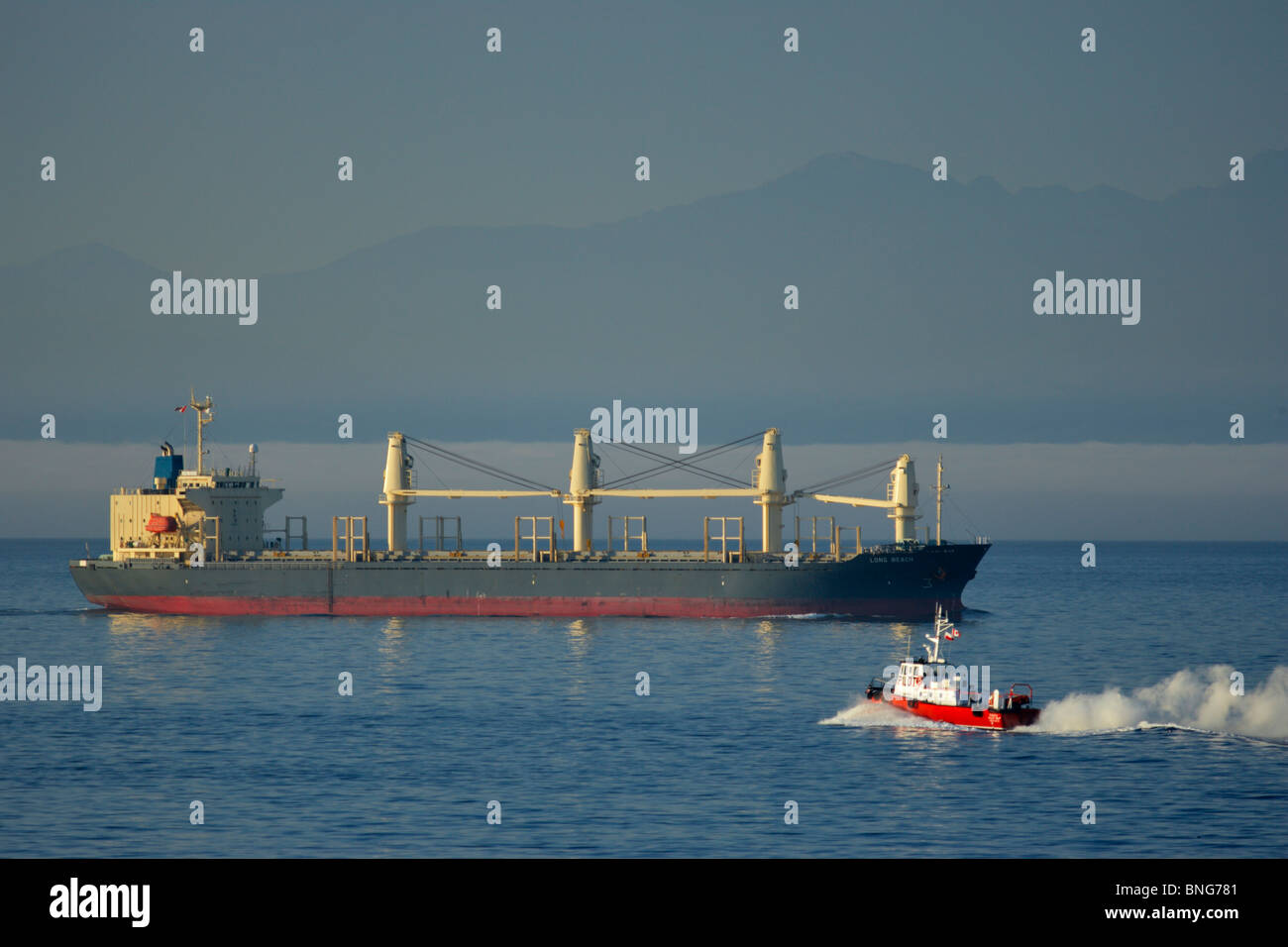 Pilot boat and a container ship in the sea, Victoria, Vancouver Island