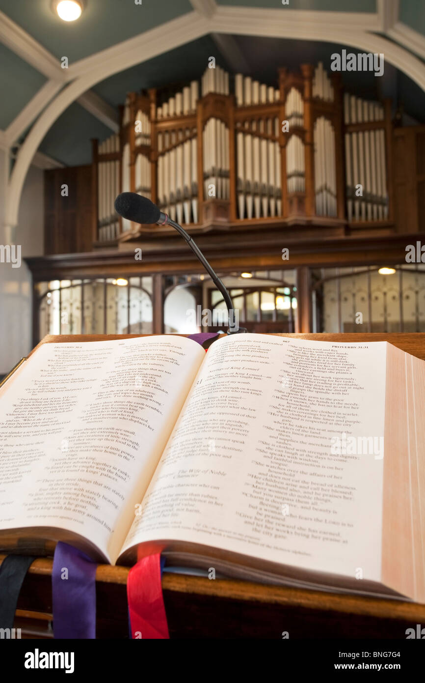 Bible open to the book of Proverbs on a lecturn in Bangor Abbey, County Down, Northern Ireland Stock Photo