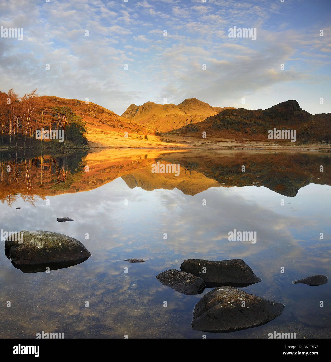 Dawn reflections, Blea Tarn. Langdale Pikes and Side Pike reflected in Blea Tarn in the English Lake District Stock Photo