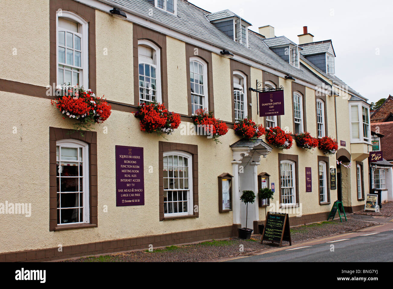 The Dunster Castle Hotel in the main street of the town of Dunster in Somerset Stock Photo