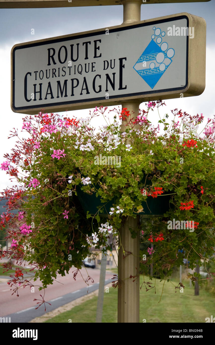 Tourism road signs for the Champagne province of northeast France. Stock Photo