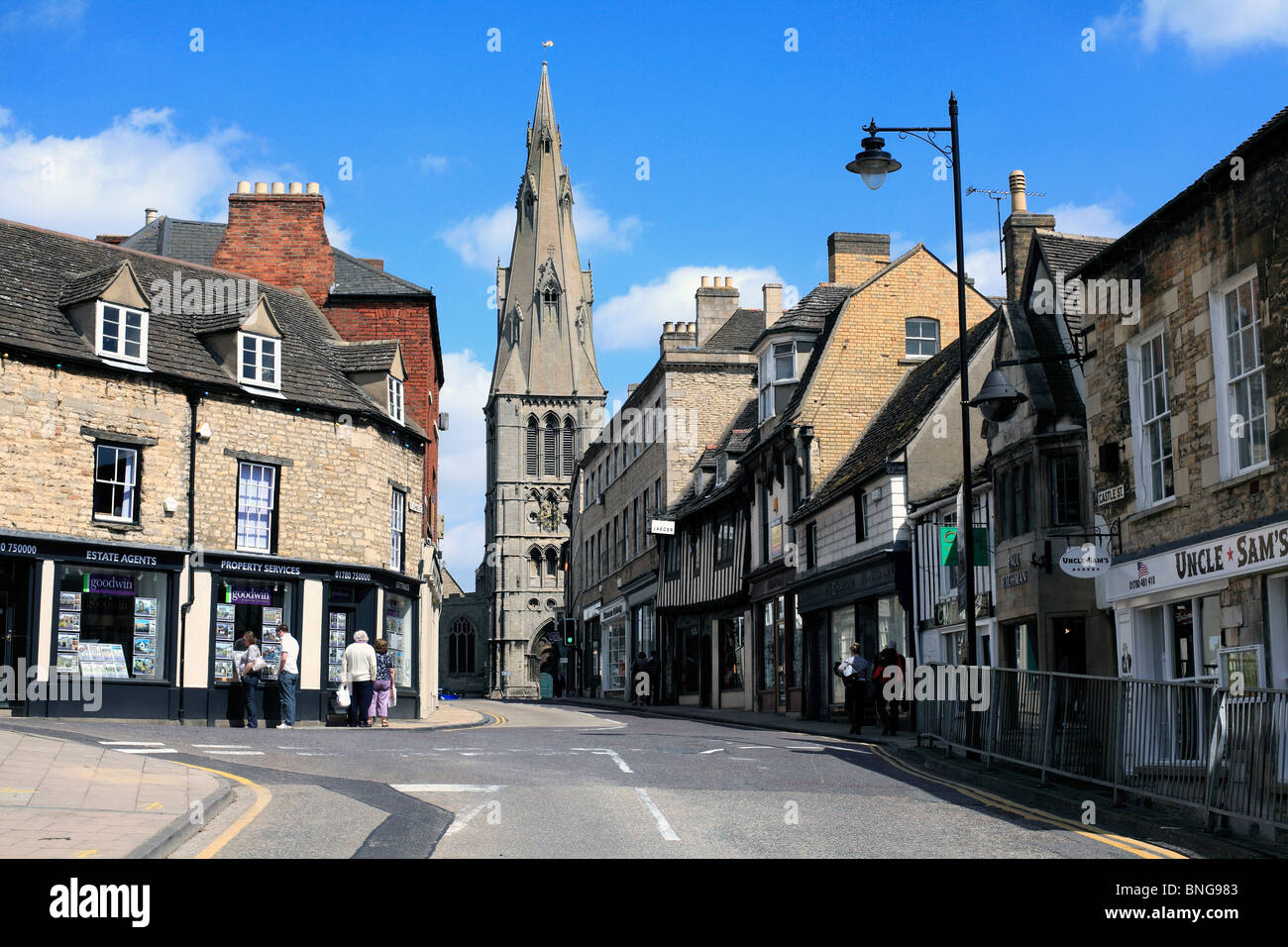 Looking towards St. Mary's St. (ahead) and St. Mary's Church in Stamford town centre, Lincolnshire. Stock Photo