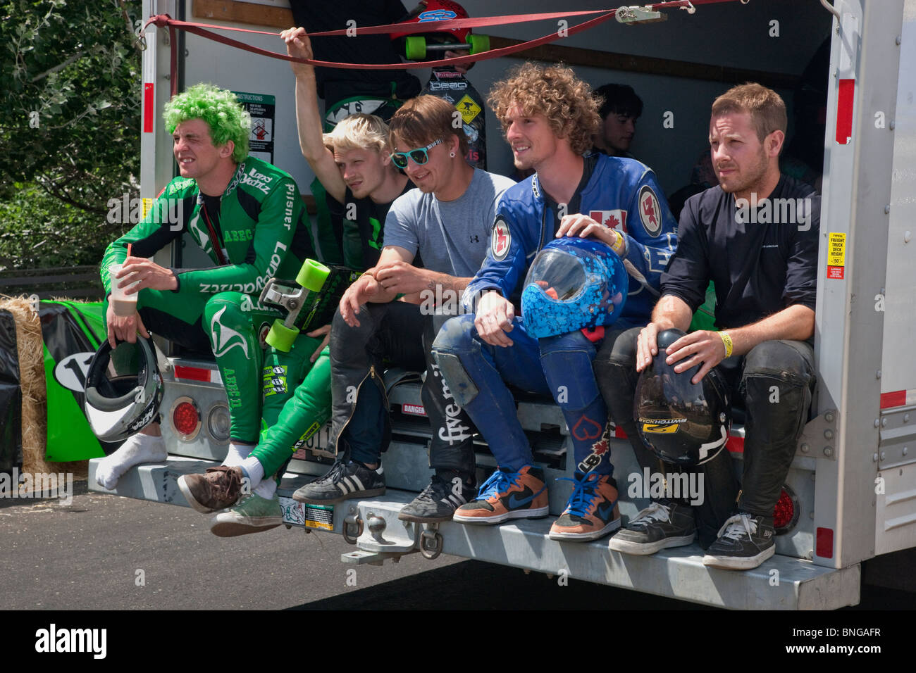 Skateboard competitors departing for starting gate, IGSA World Cup Series. Stock Photo