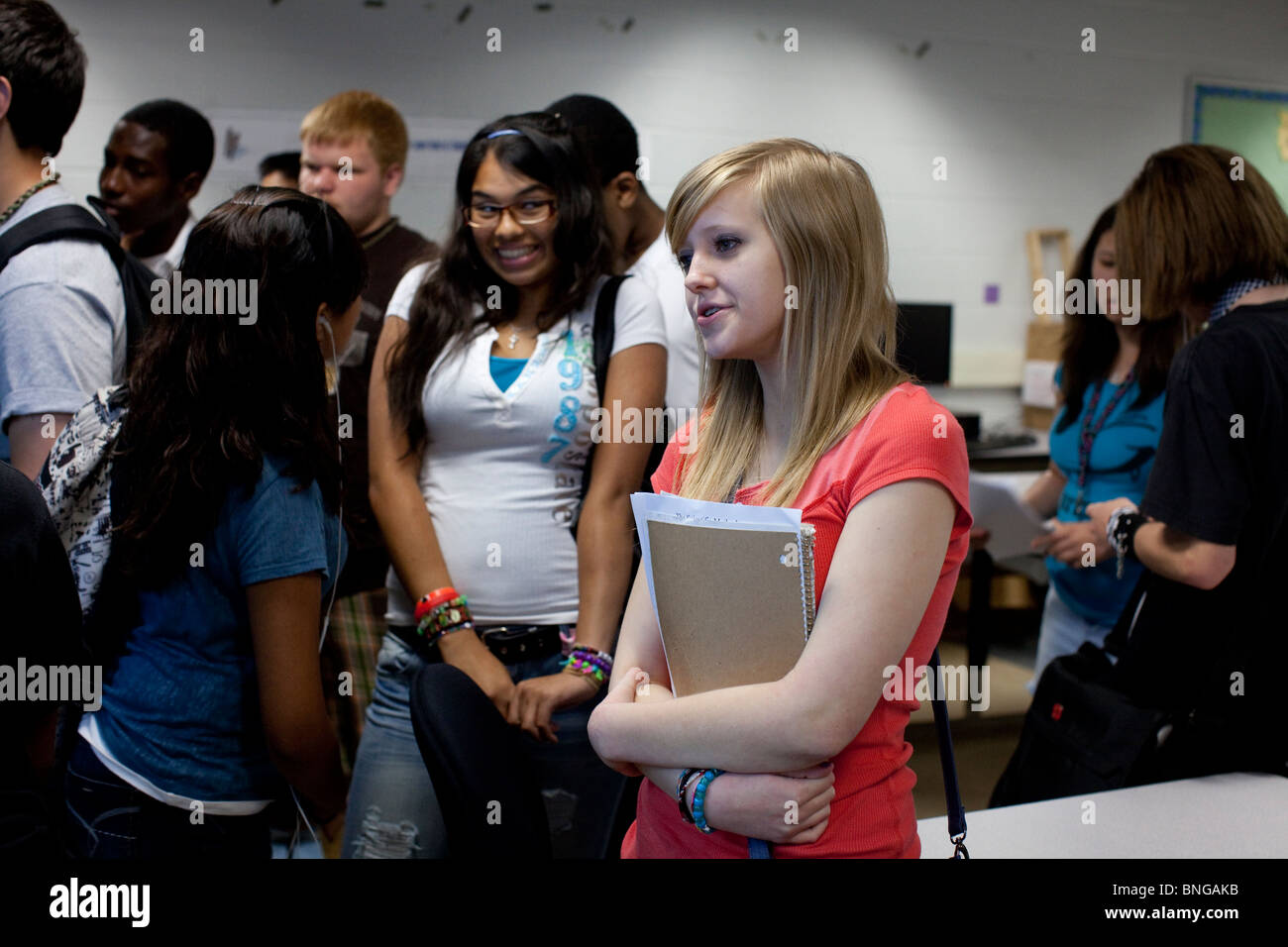 Ethnically-mixed students in world history class at Manor New Tech High School in Manor, Texas. Stock Photo