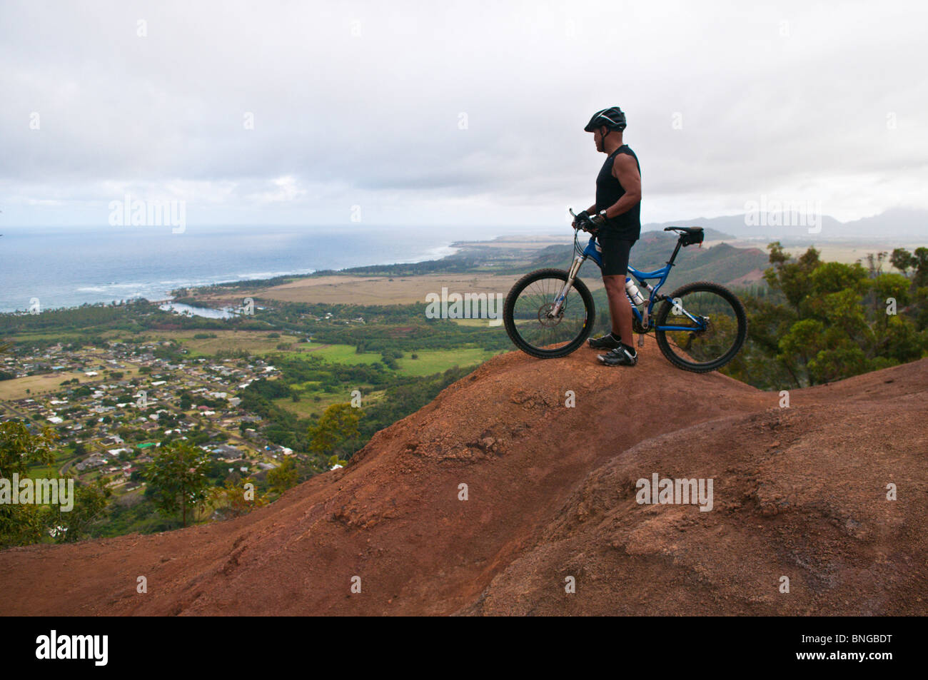 Mountain biking on Mt. Nonou (Sleeping Giant), Kauai, Hawaii Stock