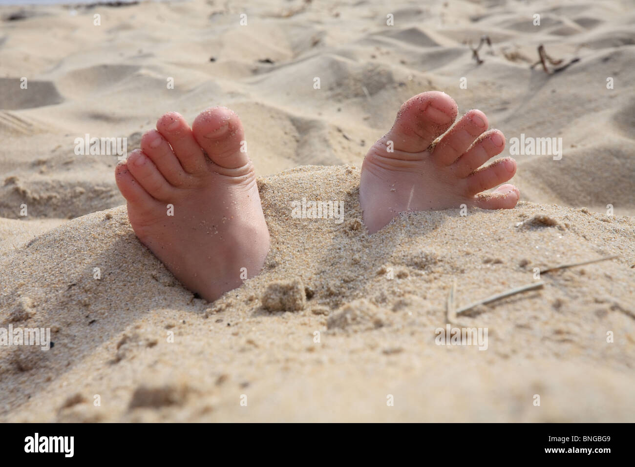 Children's feet are buried in sand Stock Photo