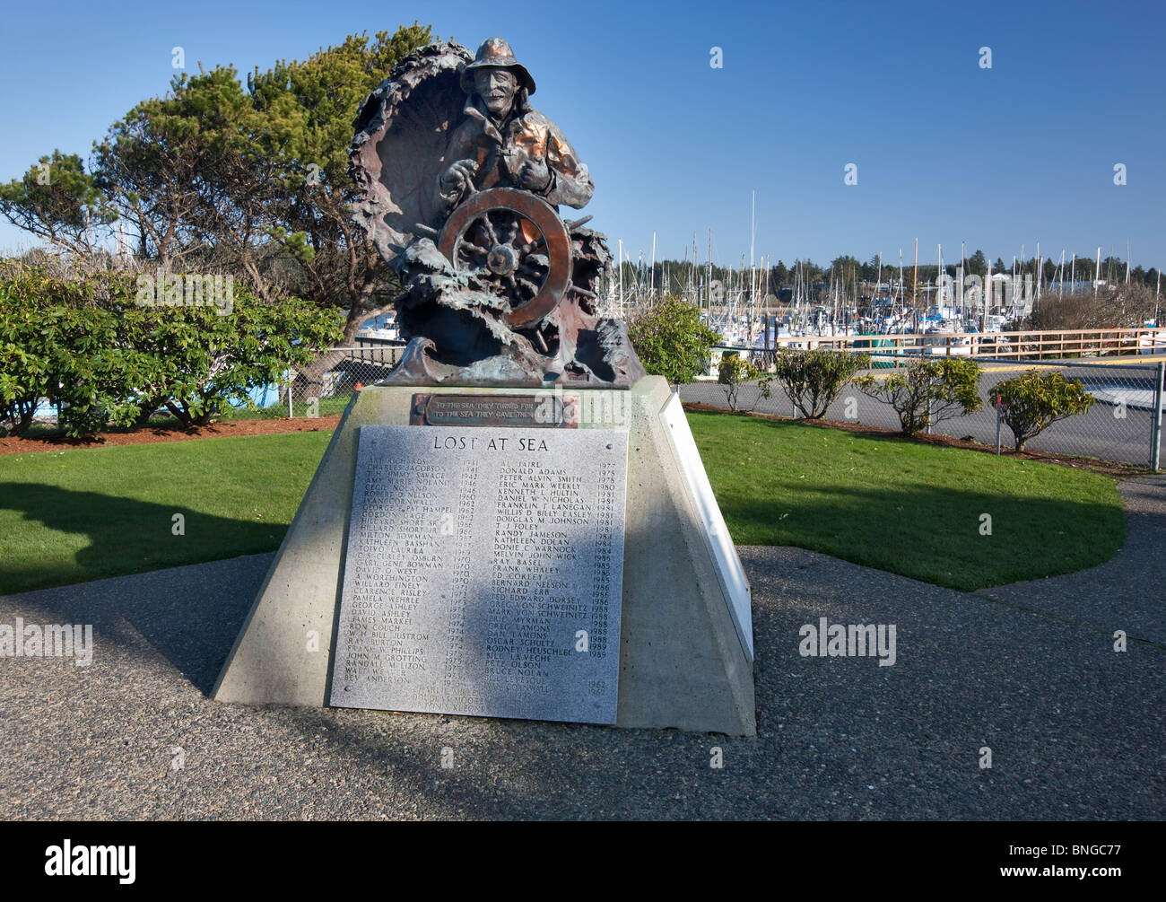 Statue for lost at sea persons at Charleston harbor, Oregon Stock Photo