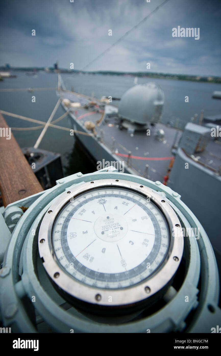 Compass repeater on the starboard bridge wing of Canadian Navy frigate