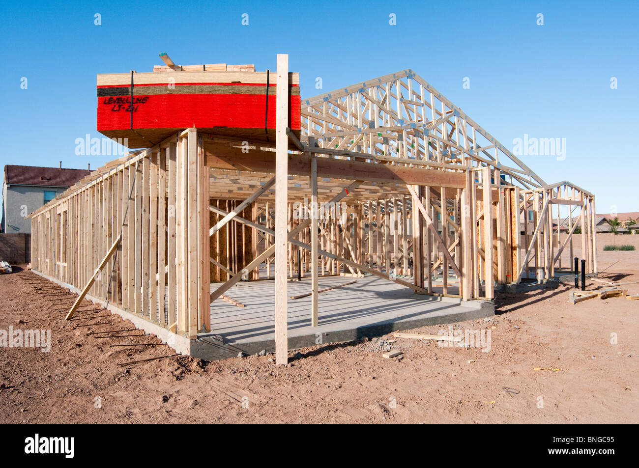 New houses are being built in a suburban neighborhood in Arizona. Stock Photo