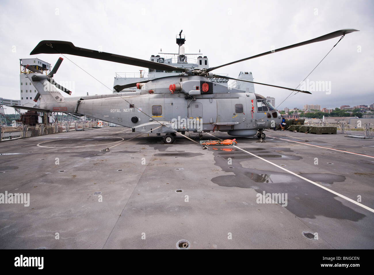 A Royal Navy EH101 Merlin helicopter onboard RFA FORT Stock