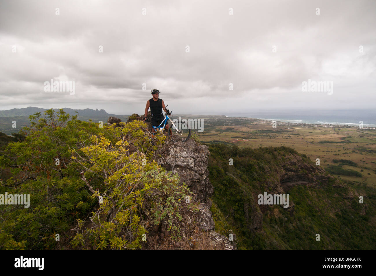 Mountain biking on Mt. Nonou (Sleeping Giant), Kauai, Hawaii Stock