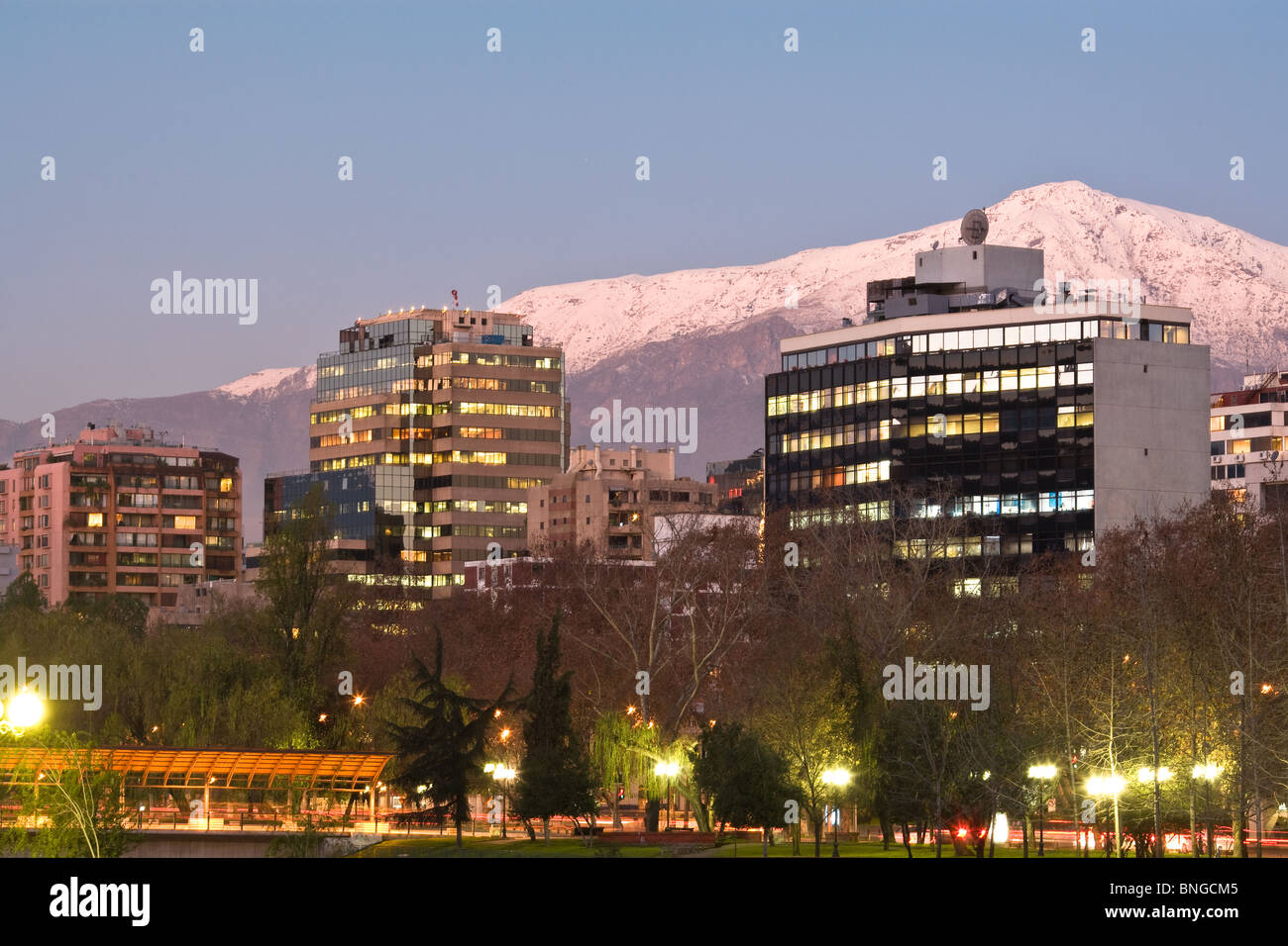 Skyline of Providencia district with the Andes mountain range in the background, Santiago de Chile Stock Photo