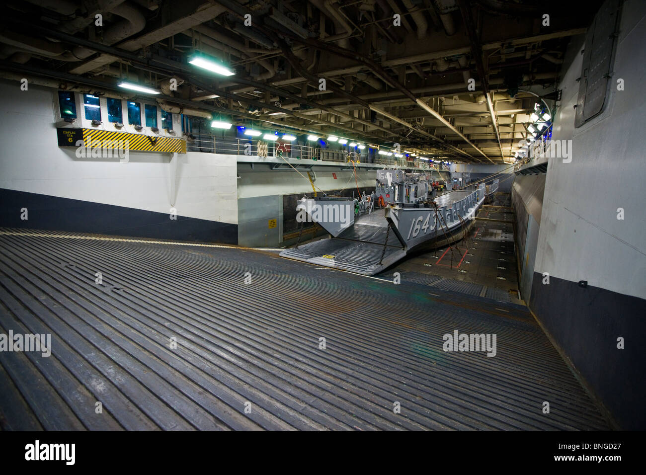 The floodable well deck of the US Navy amphibious assault ship USS WASP