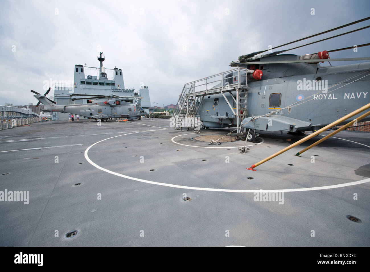 Two Royal Navy EH-101 Merlin helicopters on the flight deck of RFA FORT GEORGE. Stock Photo