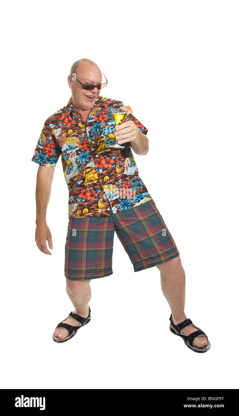 Expressive old man in loud shirt holiday concept isolated against white. Stock Photo
