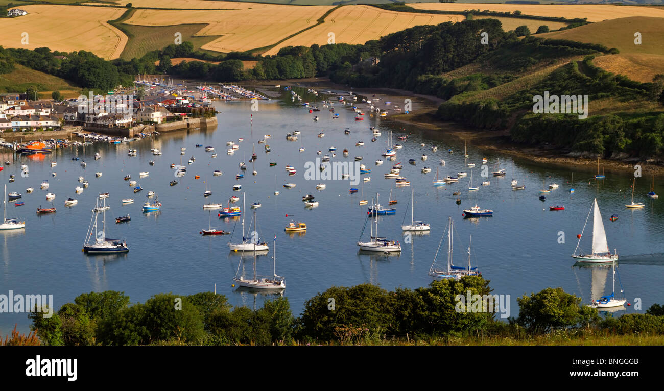 Salcombe Estuary from Portlemouth Down. Salcombe is technically a ria, a tidal inlet with no major fresh water source. Stock Photo