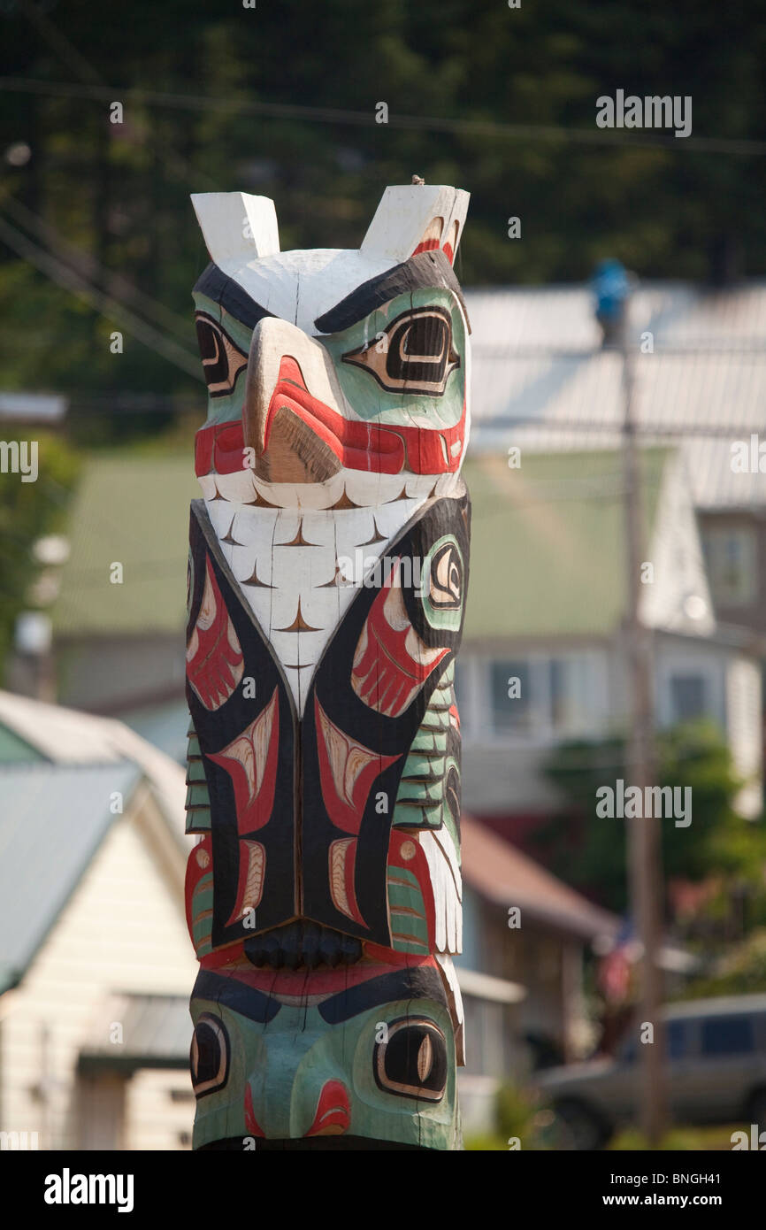 Closeup of a totem pole, Hoonah, Chichagof Island, Alaska, USA Stock