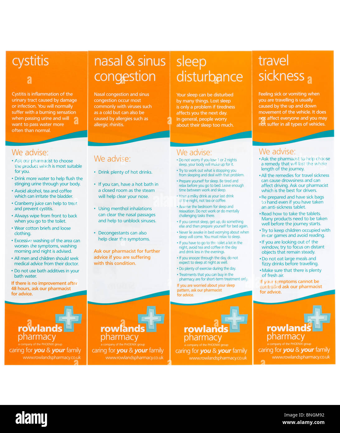 Rowlands Pharmacy ailment advisory leaflets. EDITORIAL ONLY Stock Photo