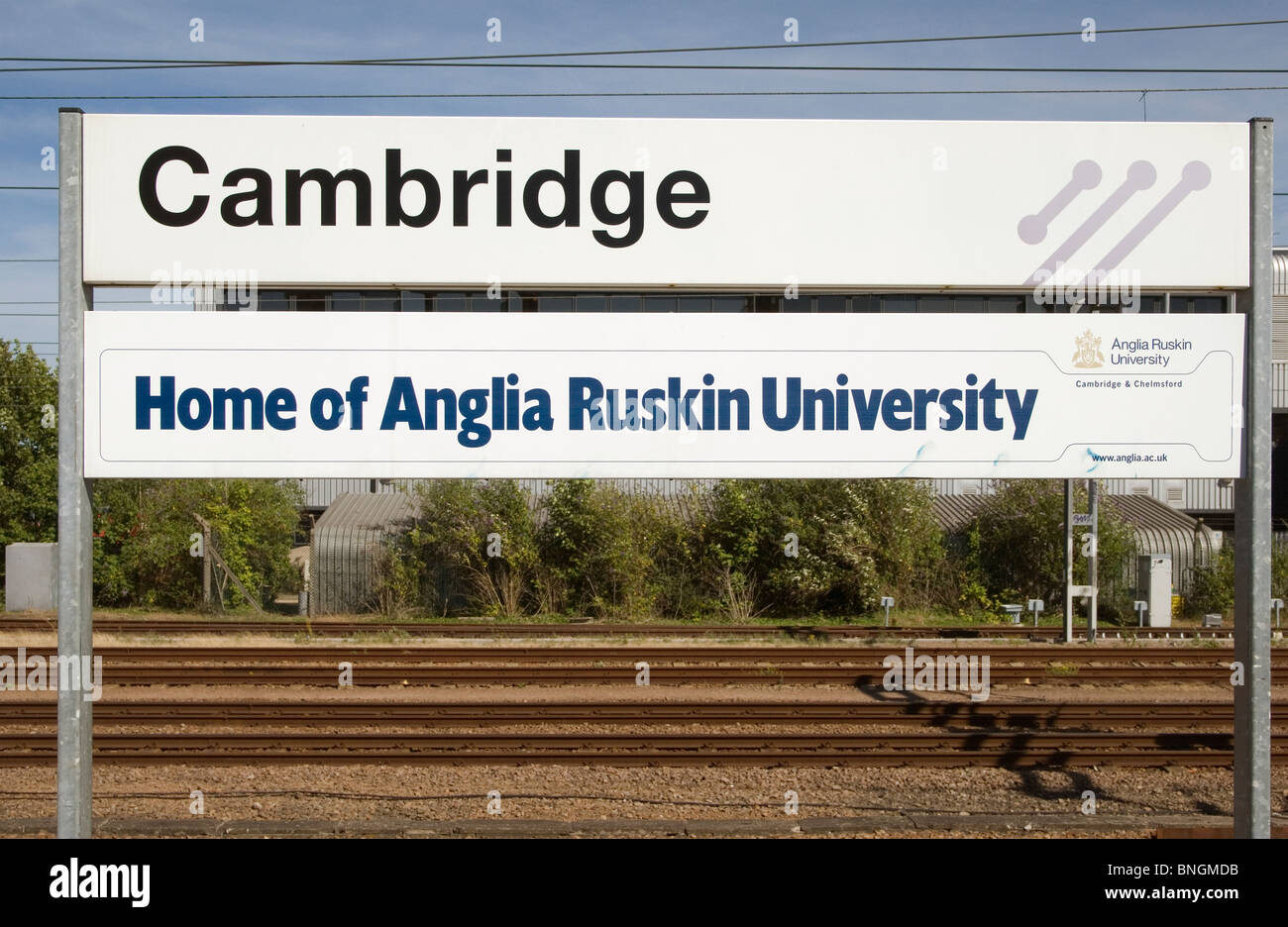 Platform sign at Cambridge Railway station advertising Anglia Ruskin University Stock Photo