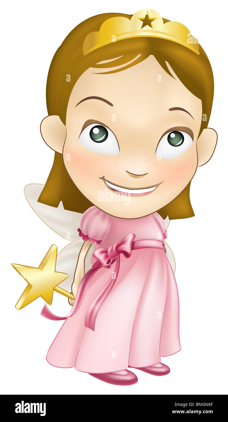 An illustration of a young white caucasian girl dressed as a fairy princess in a fairy princess costume with a crown, star wand Stock Photo