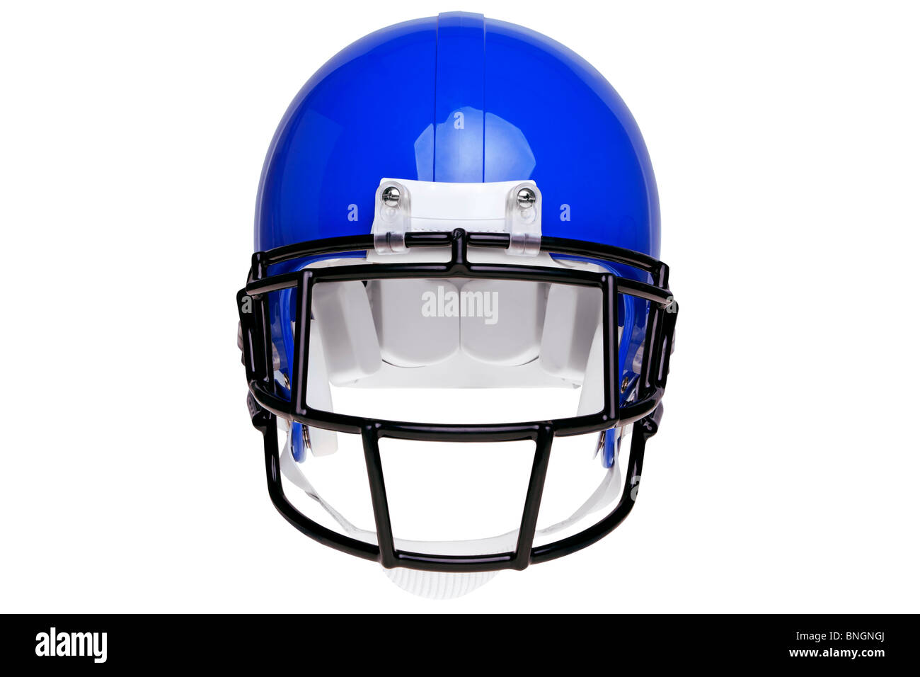 Photo of a blue American football helmet isolated on a white background with detailed clipping path. Stock Photo