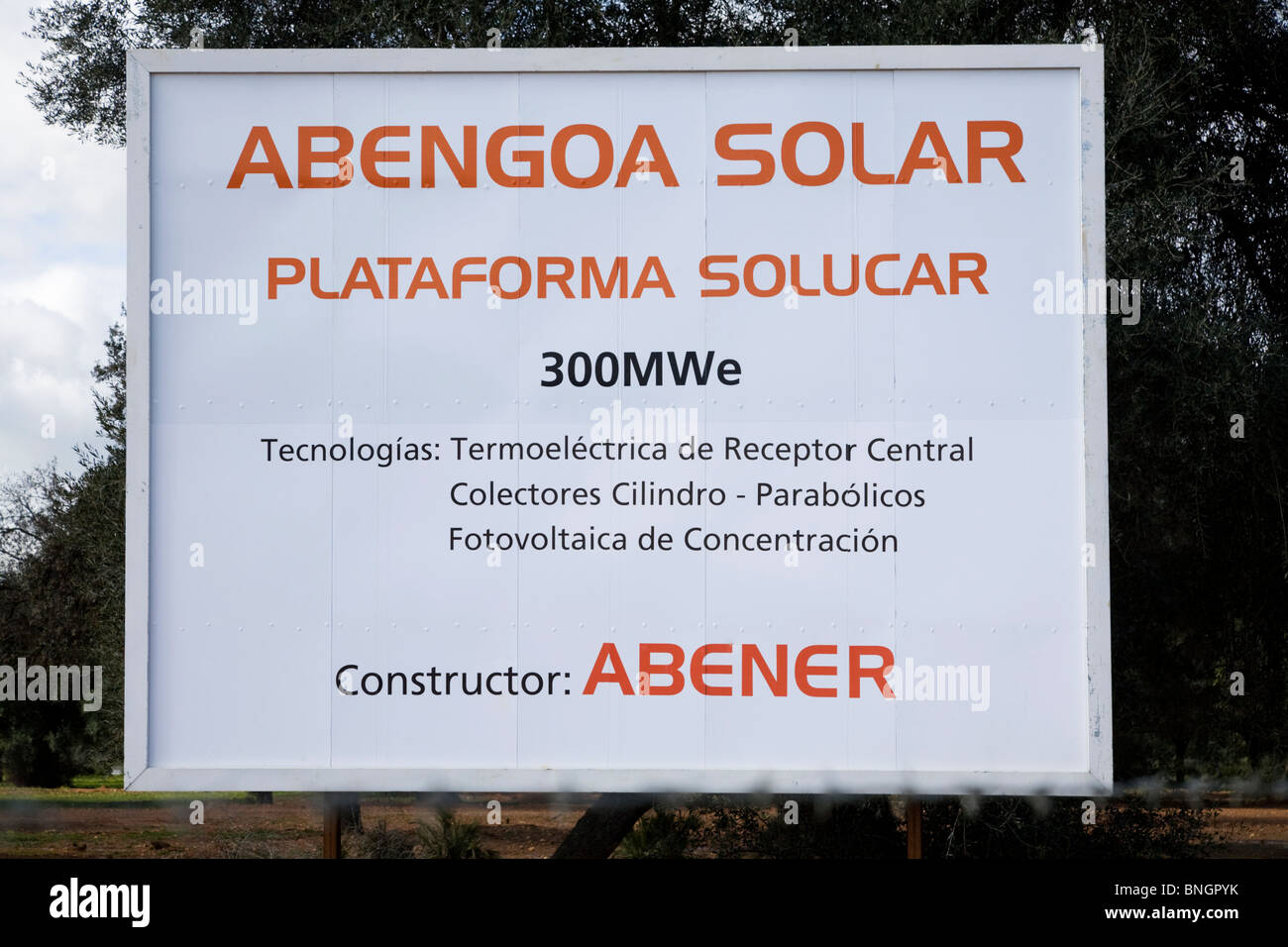 Information sign at the Abengoa Solar electrical plant project, near Seville. Spain. Stock Photo