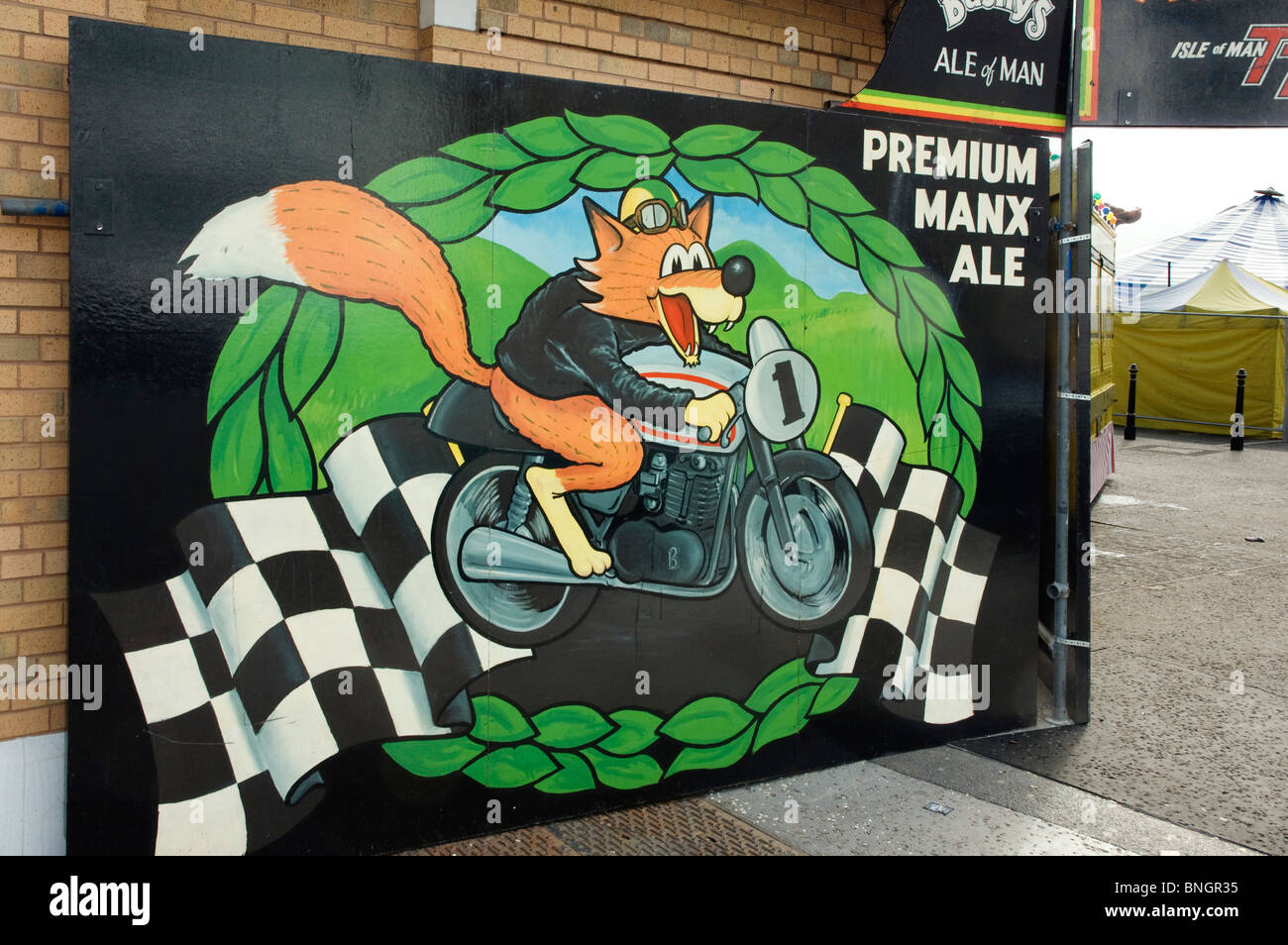 Bushy's Manx ale illustration of fox on a motorbike Stock Photo