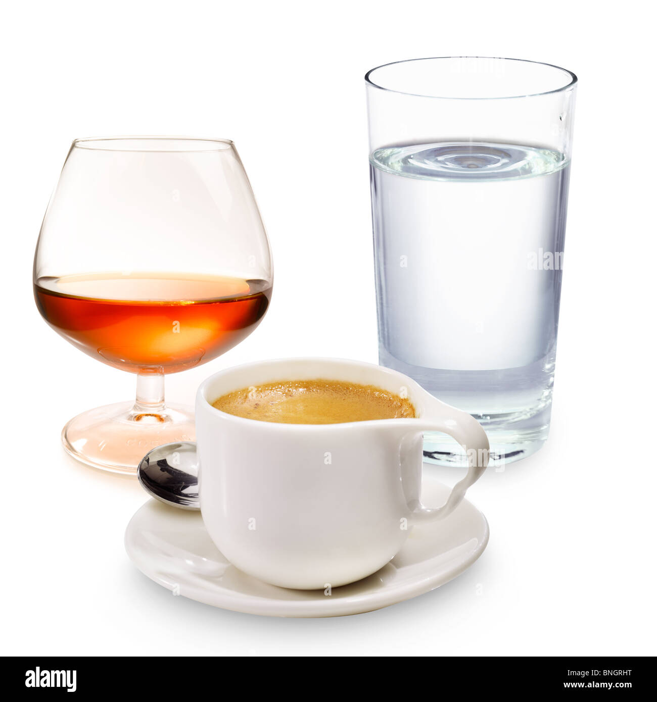 Espresso with a glass of liqueur and a glass of water Stock Photo