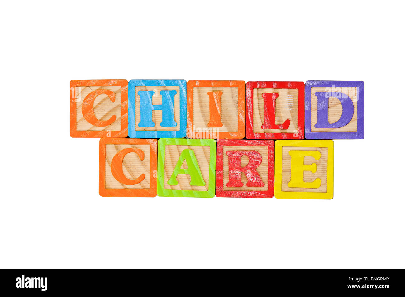 Childrens Alphabet Blocks spelling the words Child Care Stock Photo