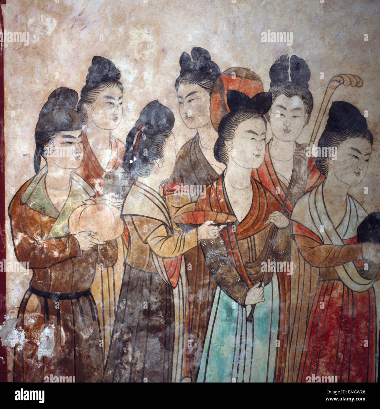 Court Ladies,  wall painting,  Chinese Art Stock Photo