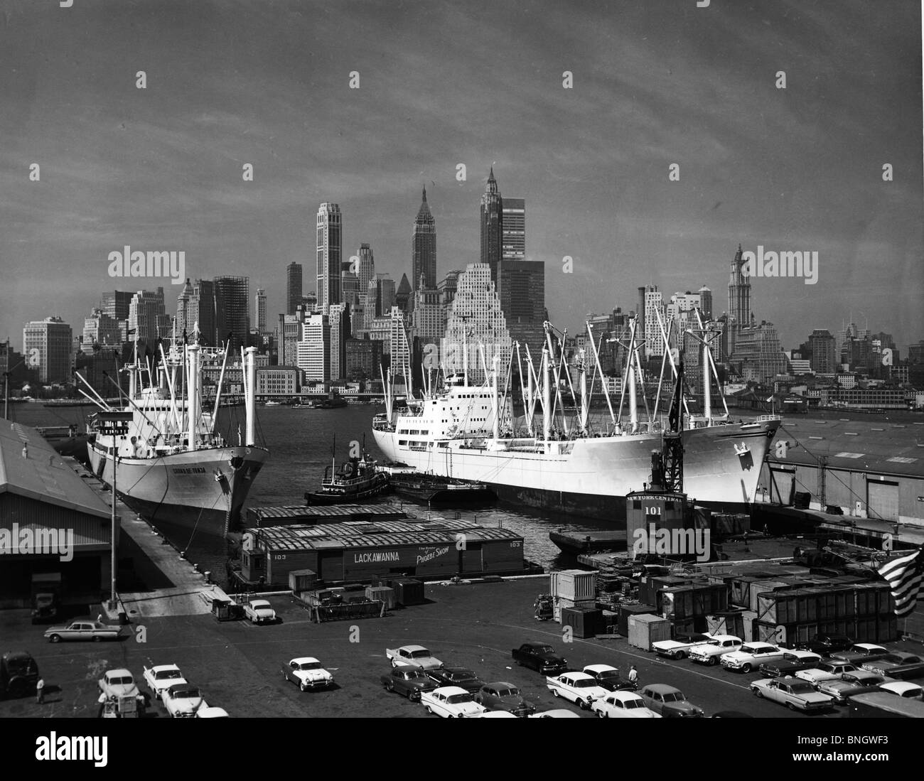 USA, New York, New York City, container ships at commercial dock, 1970s Stock Photo