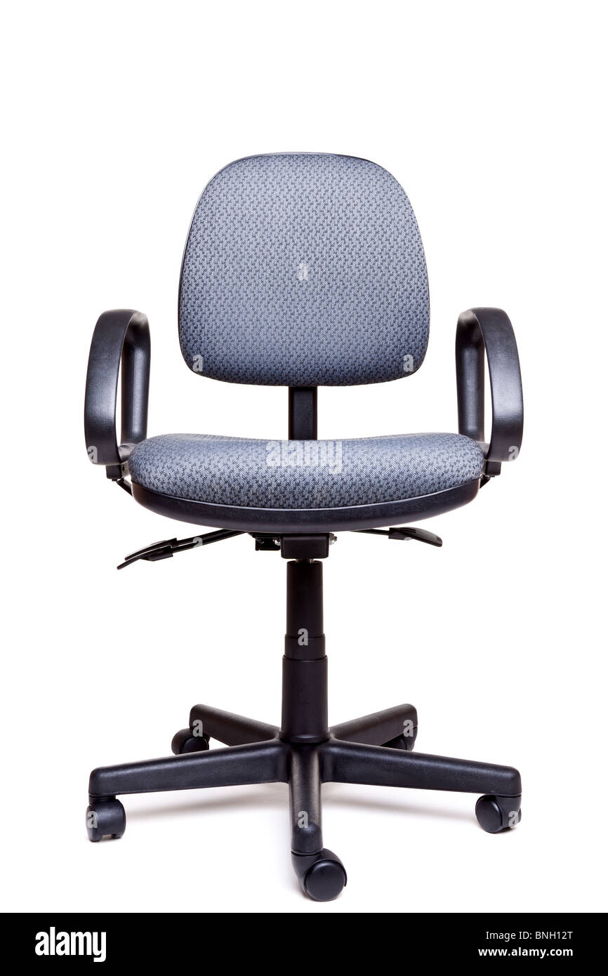 Photo of an adjustable office swivel chair front facing isolated on a white background with natural shadow. Stock Photo