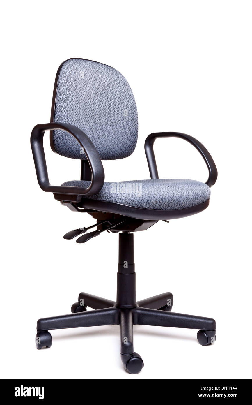 Photo of an adjustable office swivel chair front facing isolated on a white background with natural shadow. Stock Photo