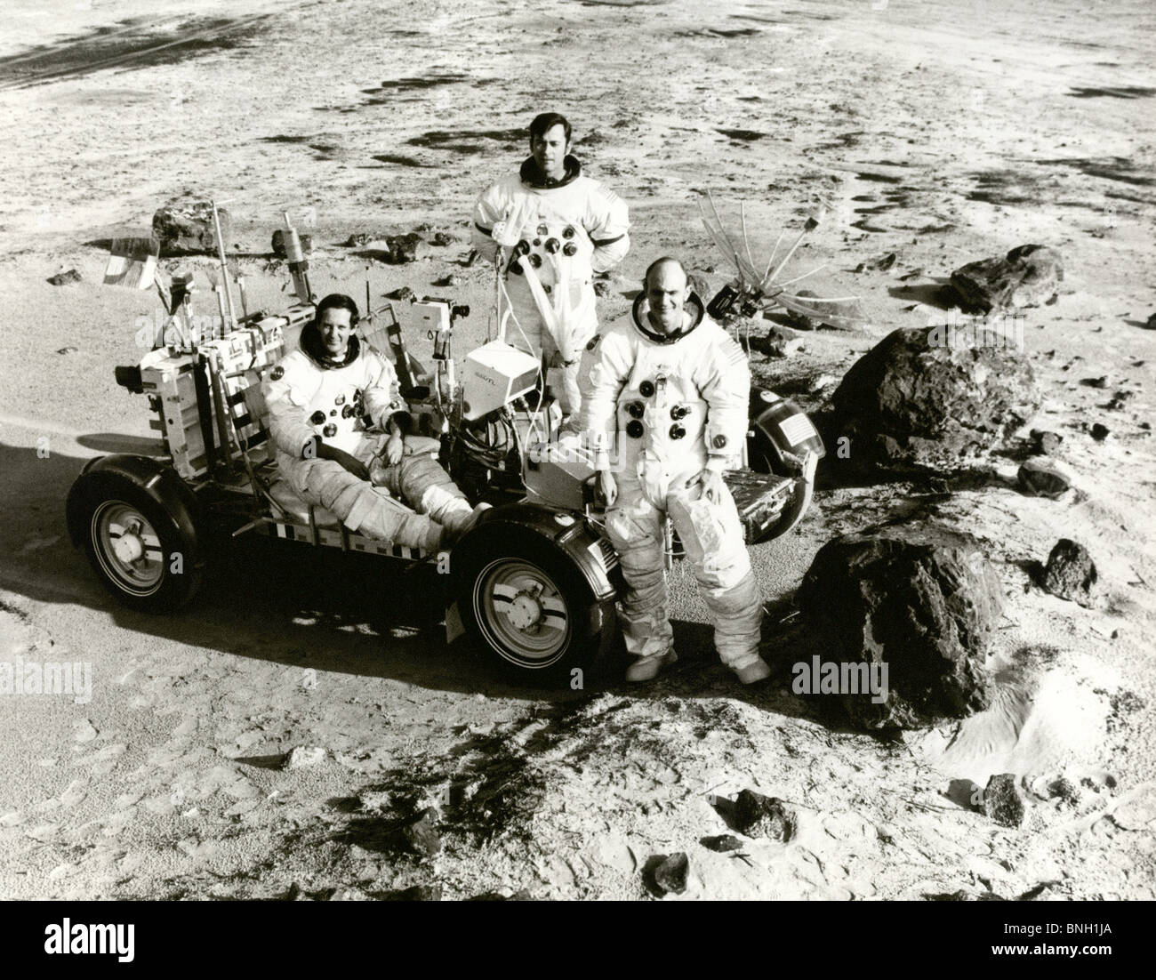 Apollo 16 astronauts Charles M. Duke, Commander John W. Young, and Thomas K. Mattingly II during a training exercise Stock Photo