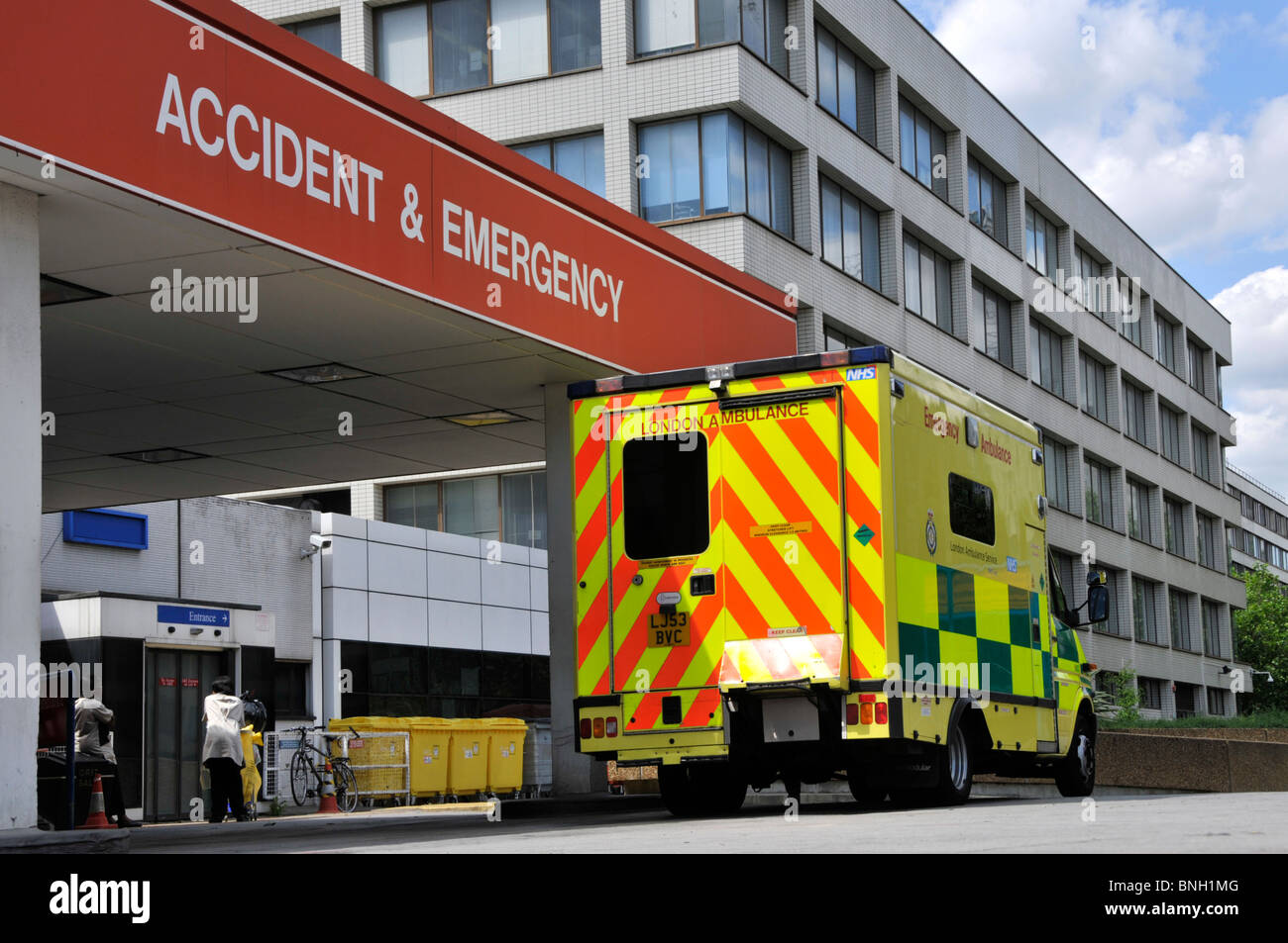 A&E Ambulance at NHS hospital direct access entrance to Accident and Emergency department St Thomas Hospital Lambeth London England UK includes people Stock Photo