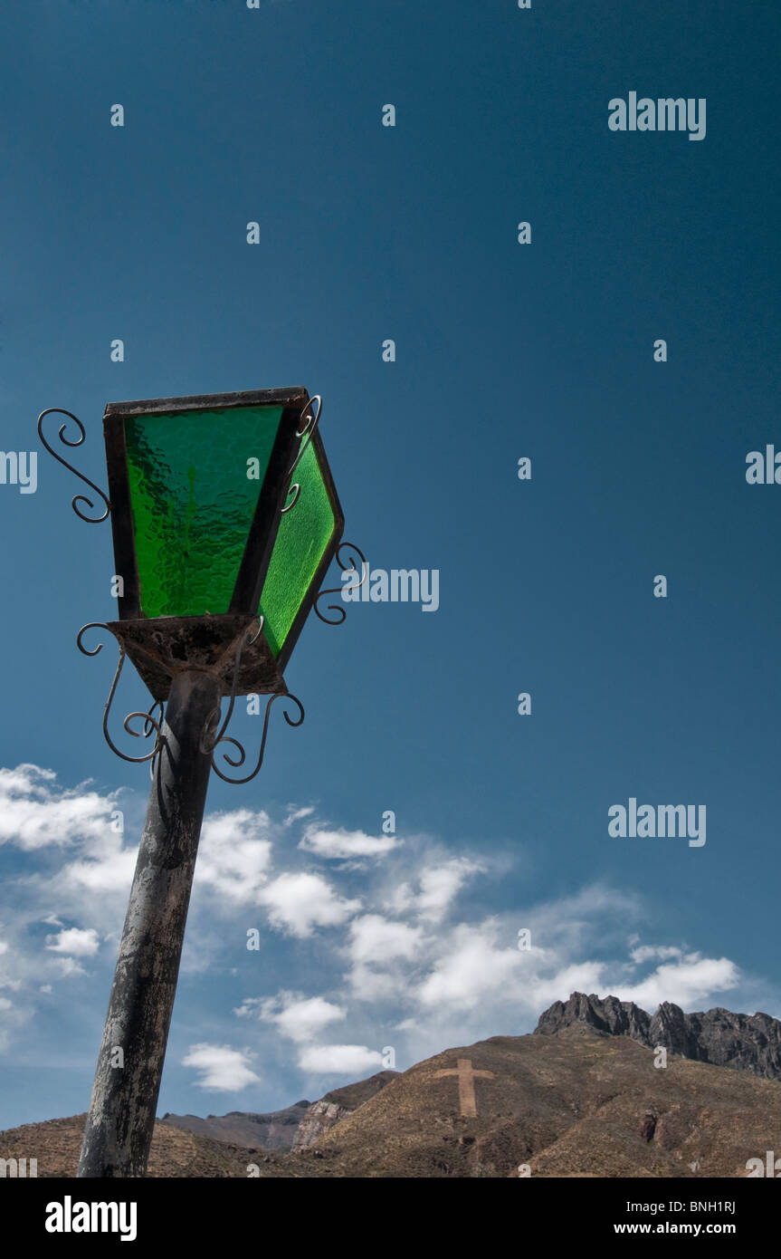 Street lamp looking into the mountains above Chivay, Peru Stock Photo