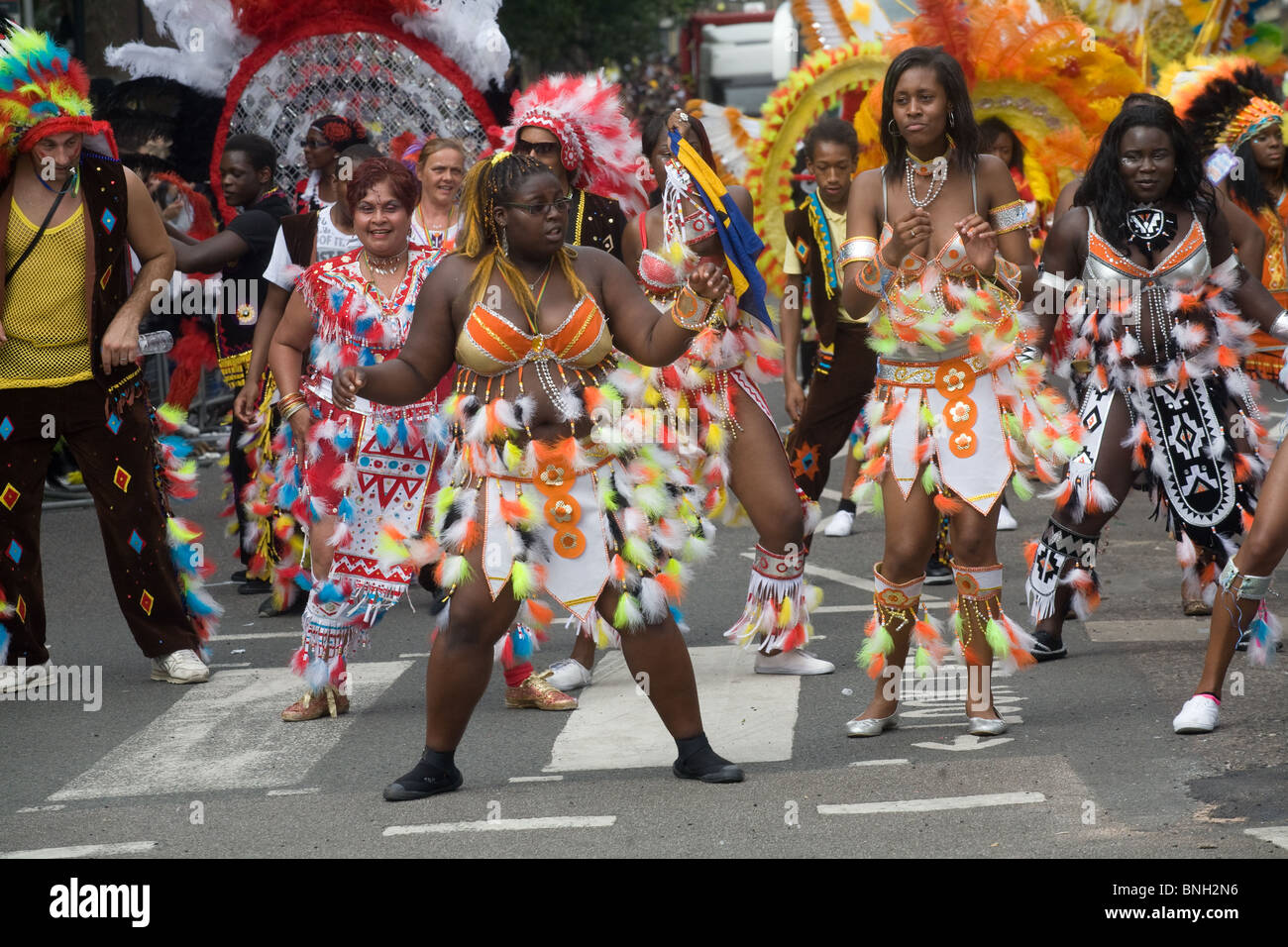 Dancers wearing colourful costume at Notting Hill Carnival, London Stock Photo
