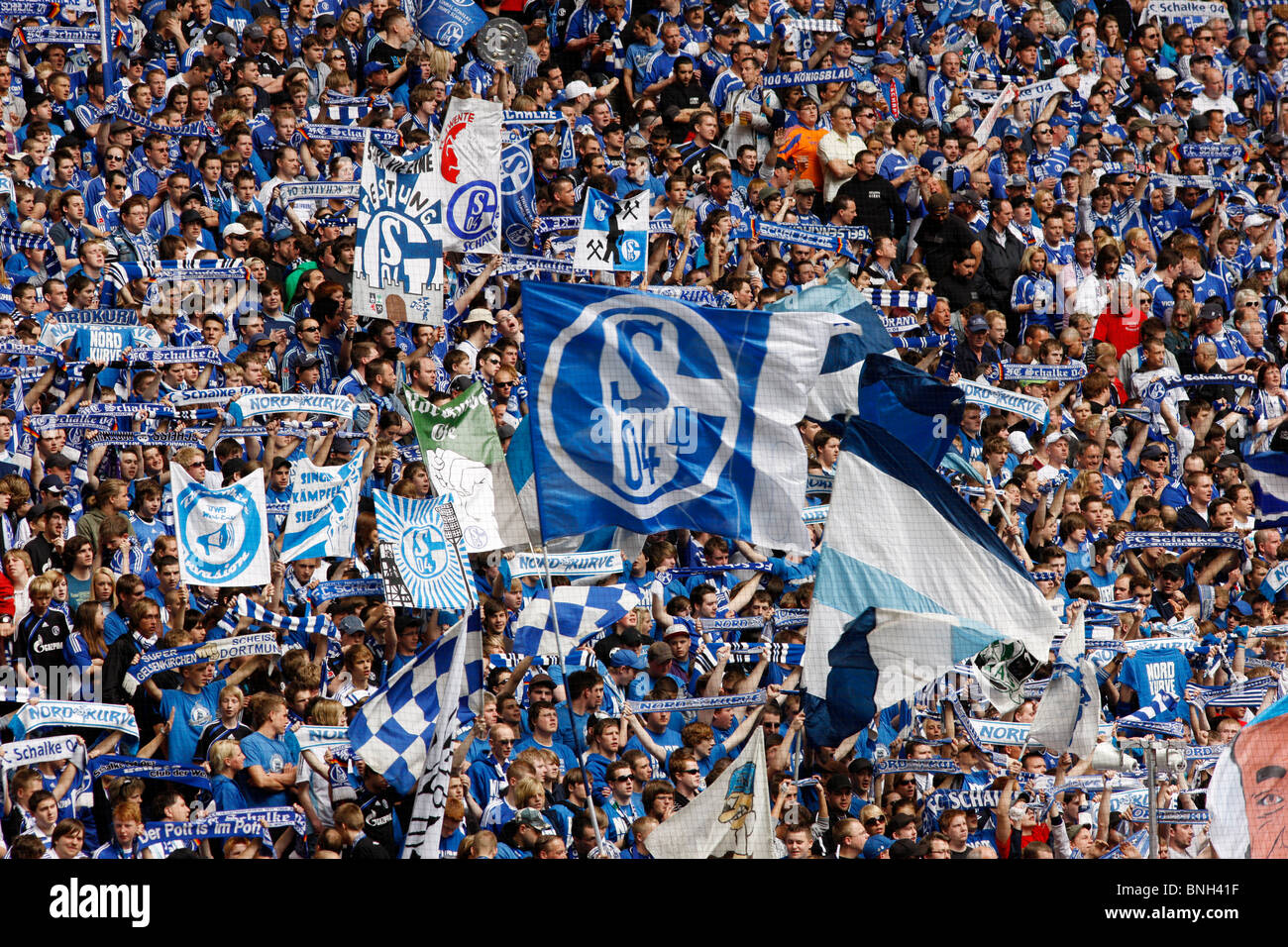 Football, soccer, supporter of German major league football club Schalke 04, in the Veltins Arena stadium. Stock Photo
