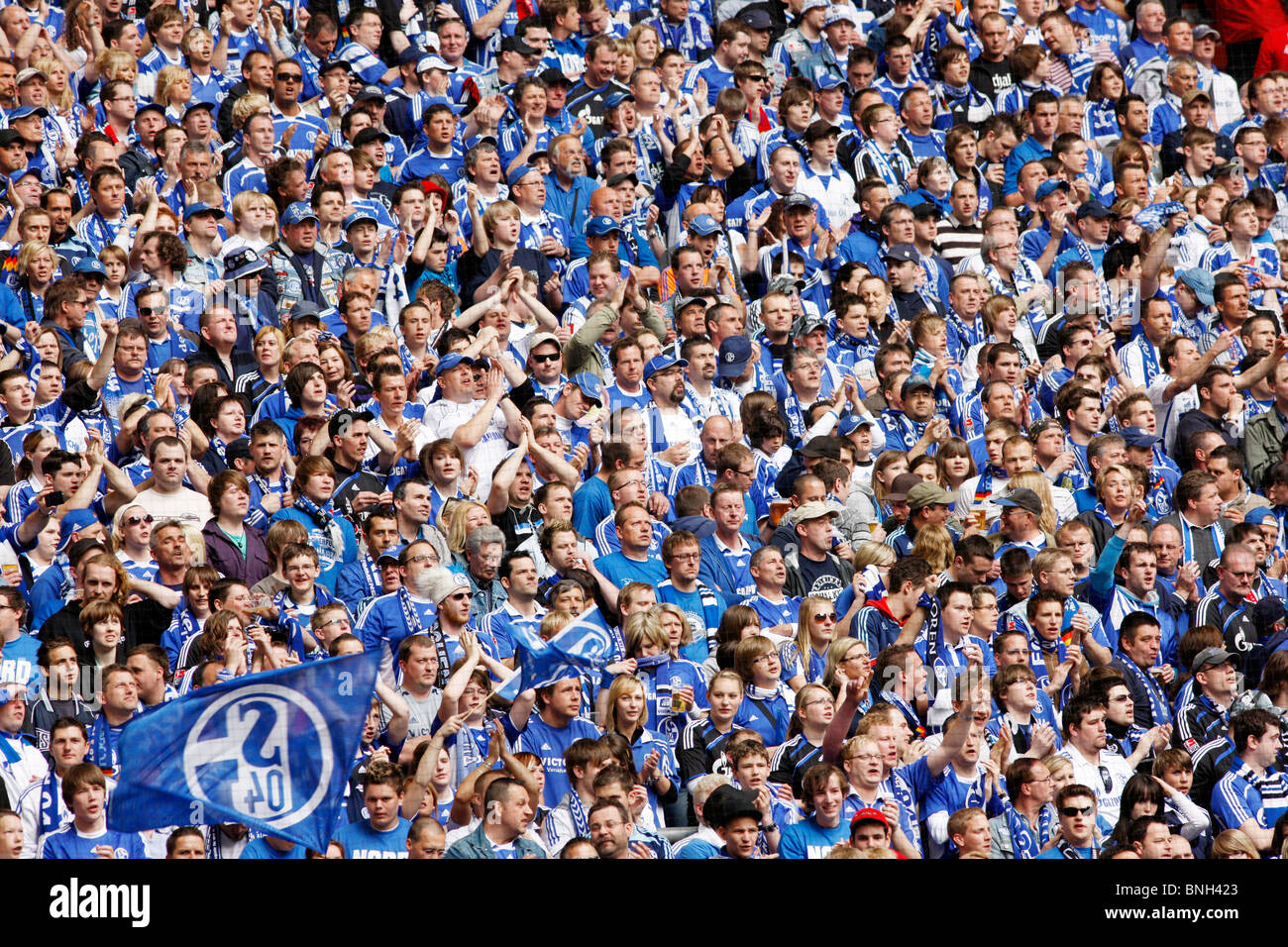 Football, soccer, supporter of German major league football club Schalke 04, in the Veltins Arena stadium. Stock Photo