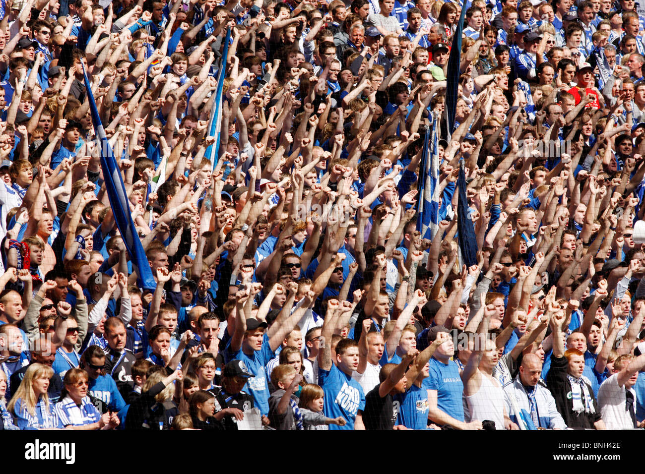 Football, soccer, supporter of German major league football club Schalke 04, in the Veltins Arena stadium. Stock Photo