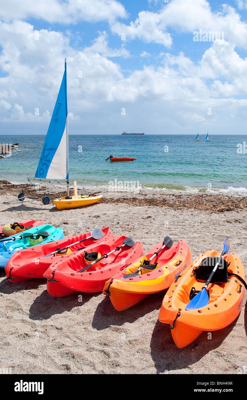 kayaks for hire at swanpool beach in falmouth, cornwall, uk Stock Photo