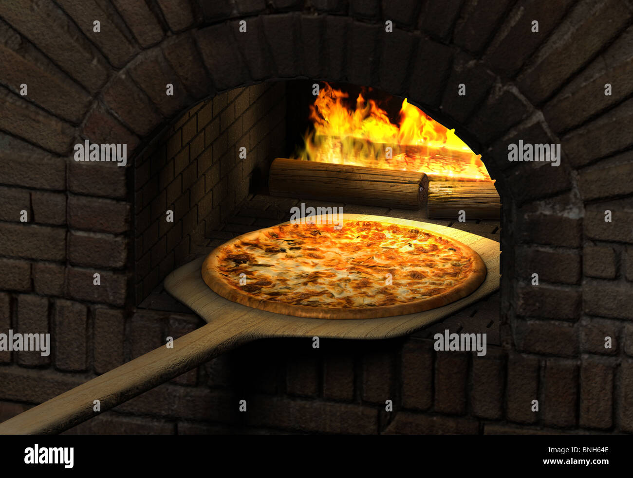 Pizza resting on a wooden spatula inside a sood fired brick pizza oven