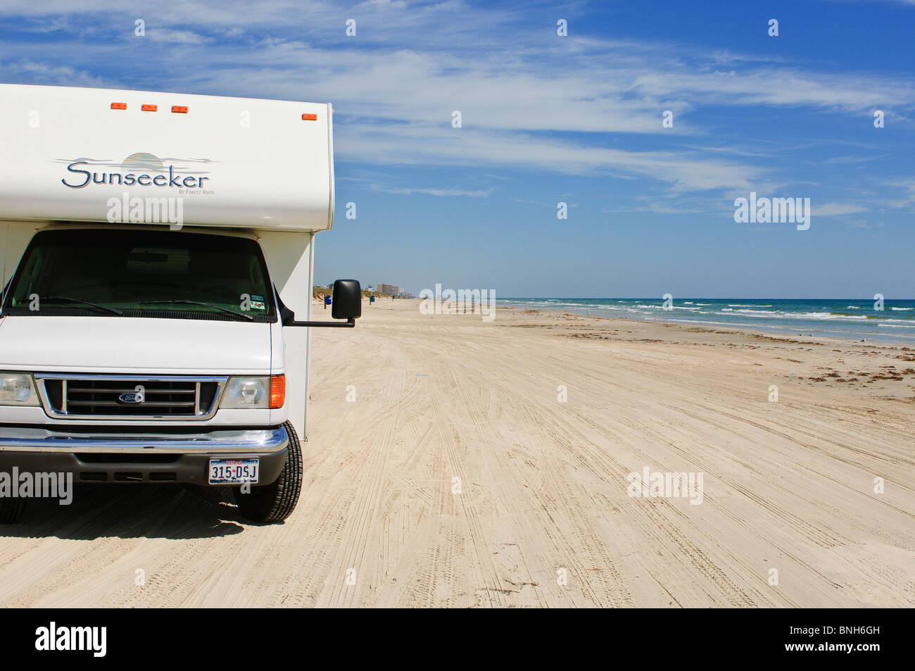 Texas, Padre Island. RV motorhome campers in Padre Island National Seashore. Stock Photo