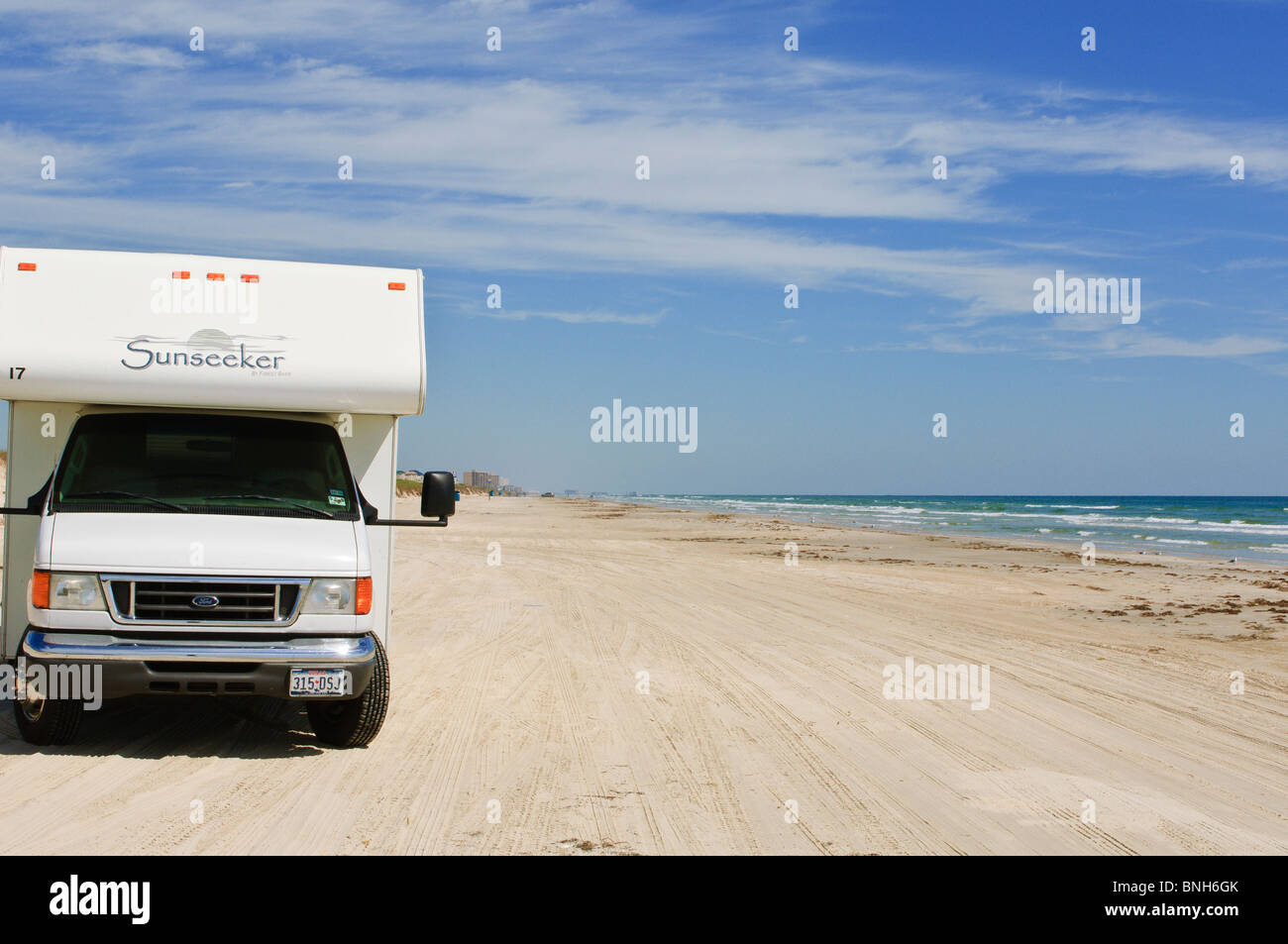 Texas, Padre Island. RV motorhome campers in Padre Island National Seashore. Stock Photo