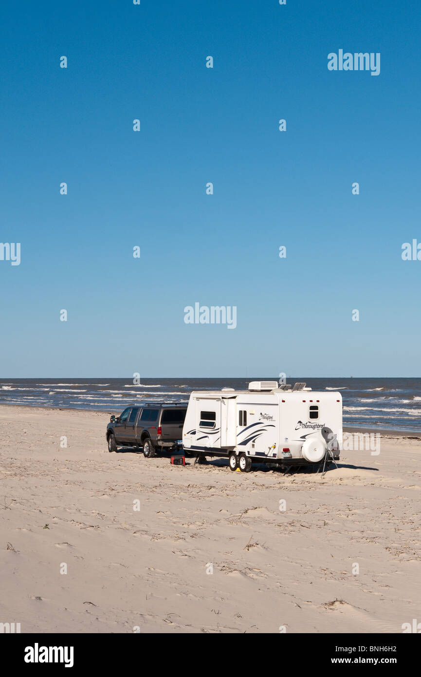 Texas, Padre Island. RV campers in Padre Island National Seashore. Stock Photo