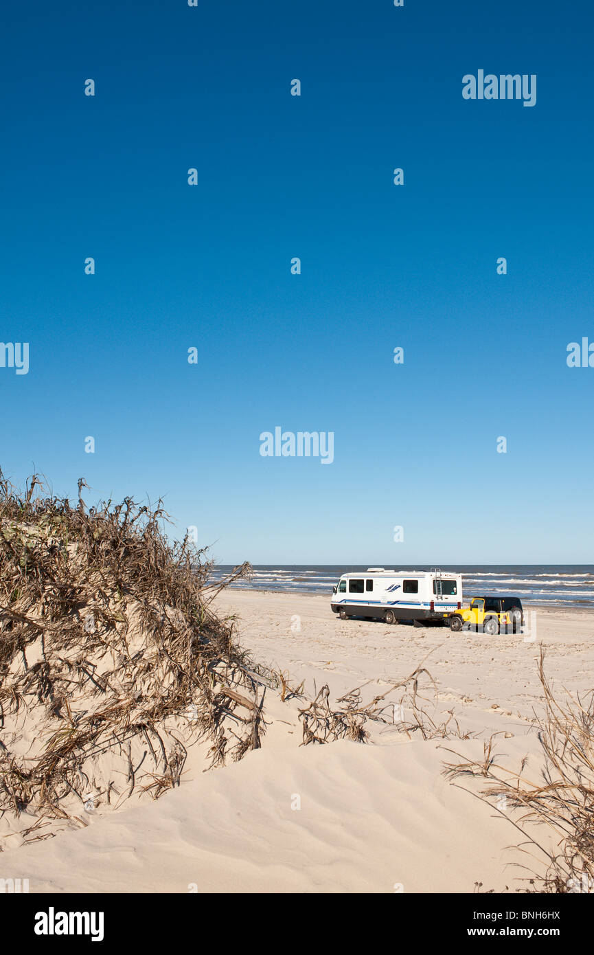 Texas, Padre Island. RV campers in Padre Island National Seashore. Stock Photo