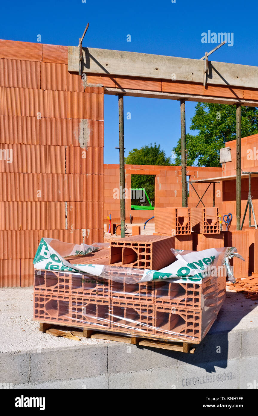 New house construction site using Bouyer Leroux bio-bricks  - Indre-et-Loire, France. Stock Photo
