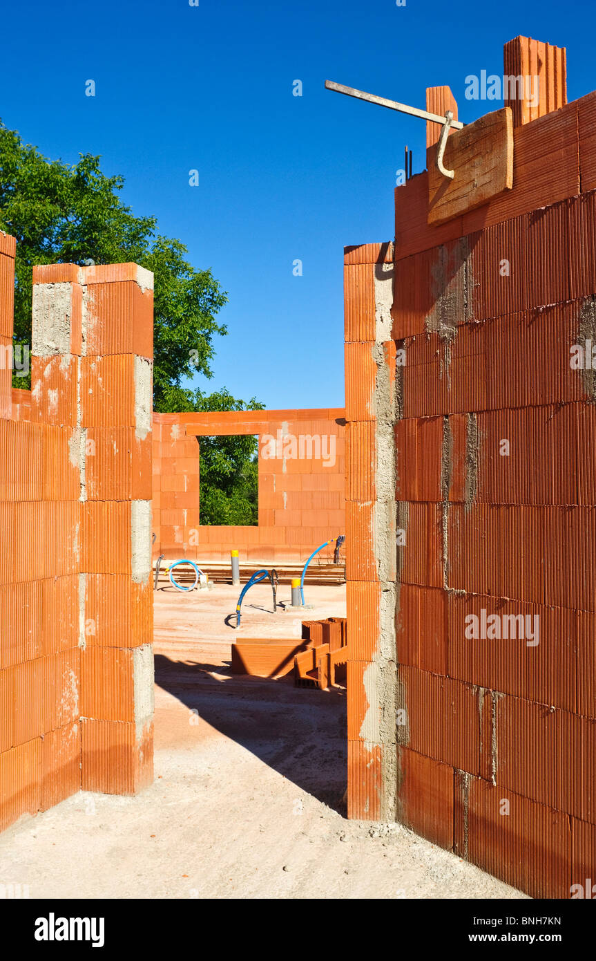 New house construction site using Bouyer Leroux bio-bricks  - Indre-et-Loire, France. Stock Photo