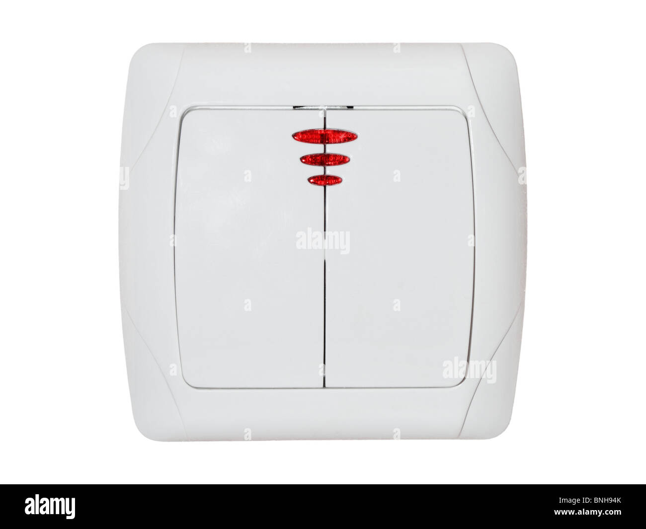 double light switch with red lights isolated on white background Stock Photo