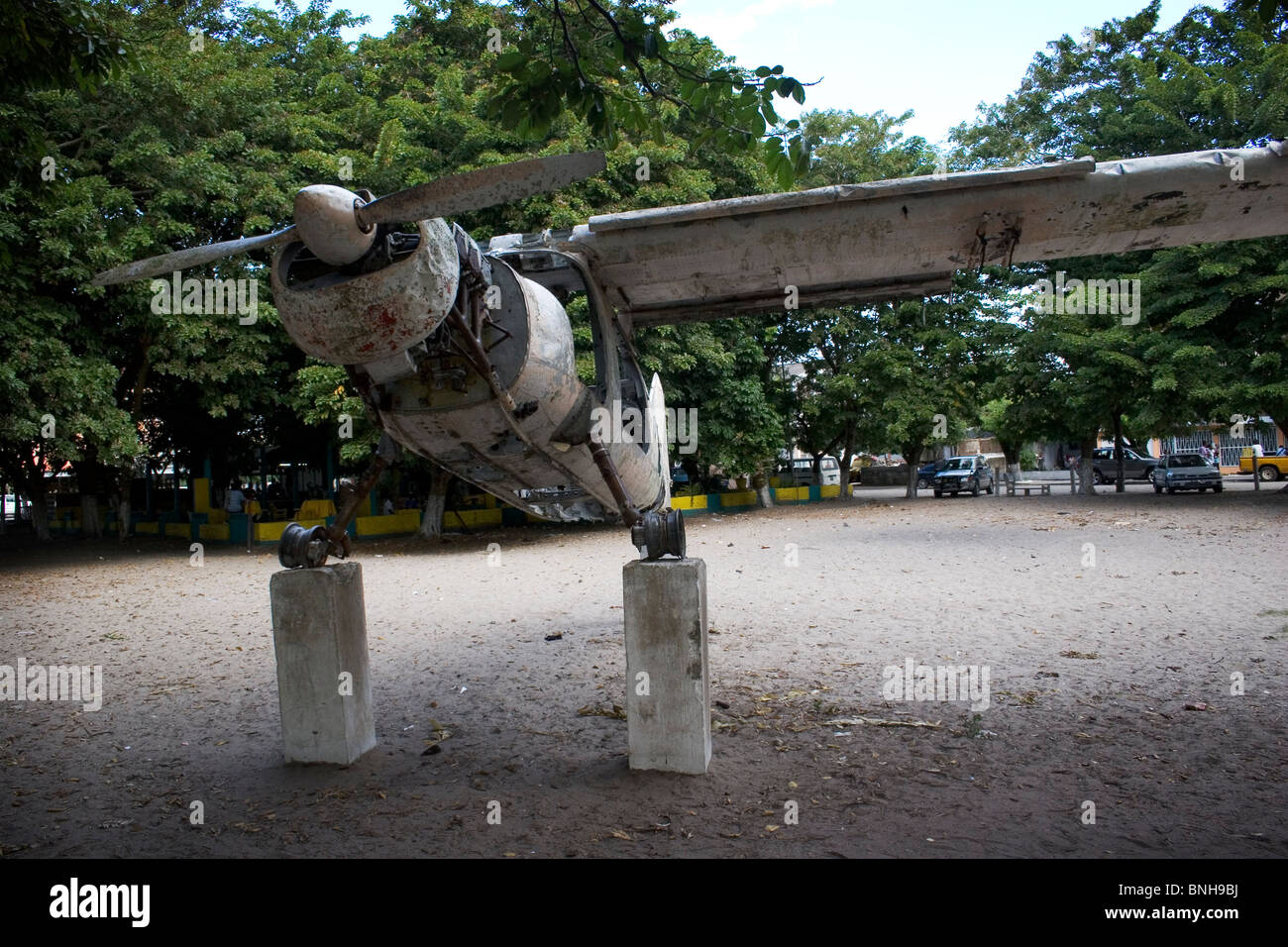Plane wreck erected as a monument in a square, Beira, Mozambique Stock Photo